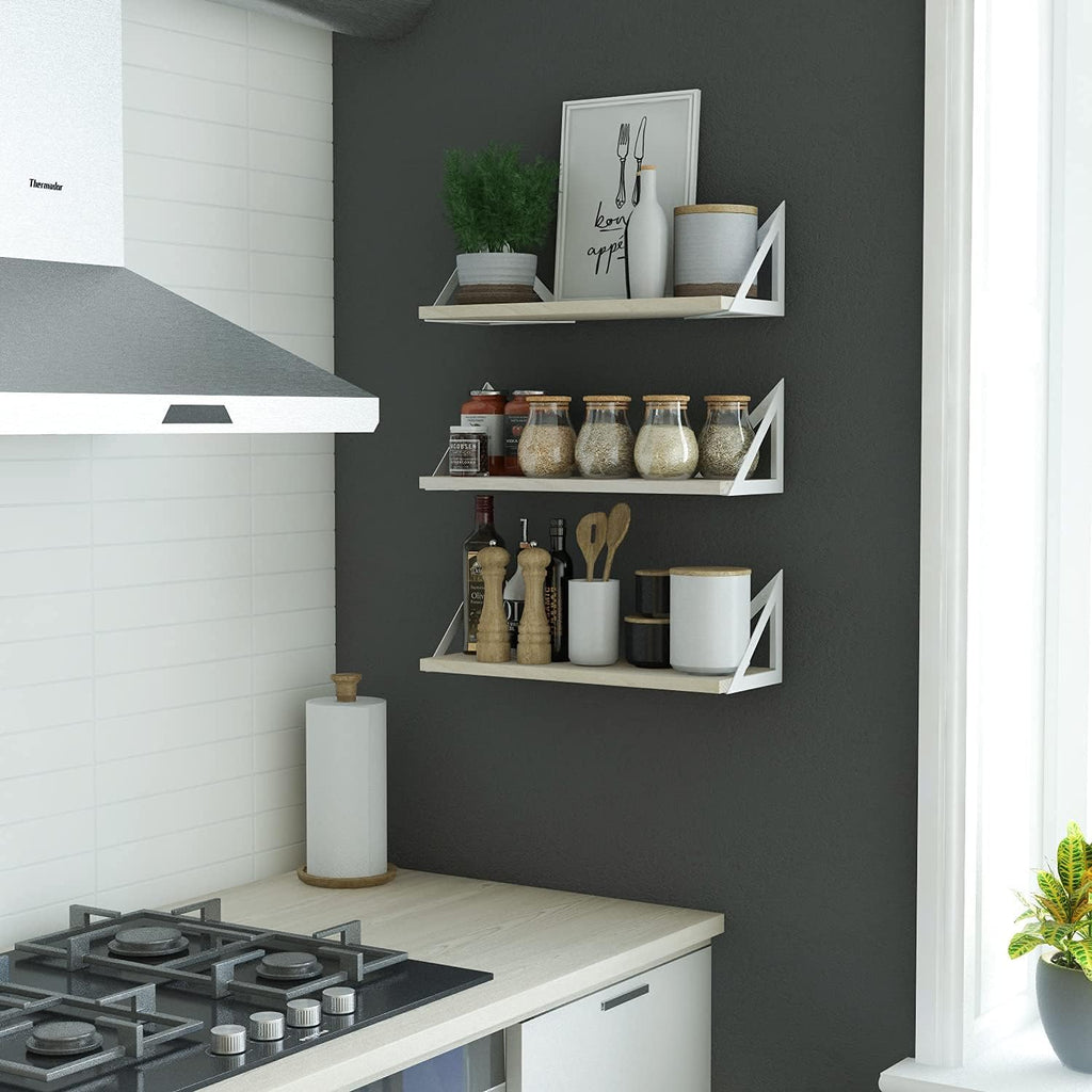 Wallniture Minori Floating Shelves for Wall Storage, Floating Bookshelf Set of 3, Bathroom and Kitchen Organizer Natural Wood Wall Shelves with White Brackets
