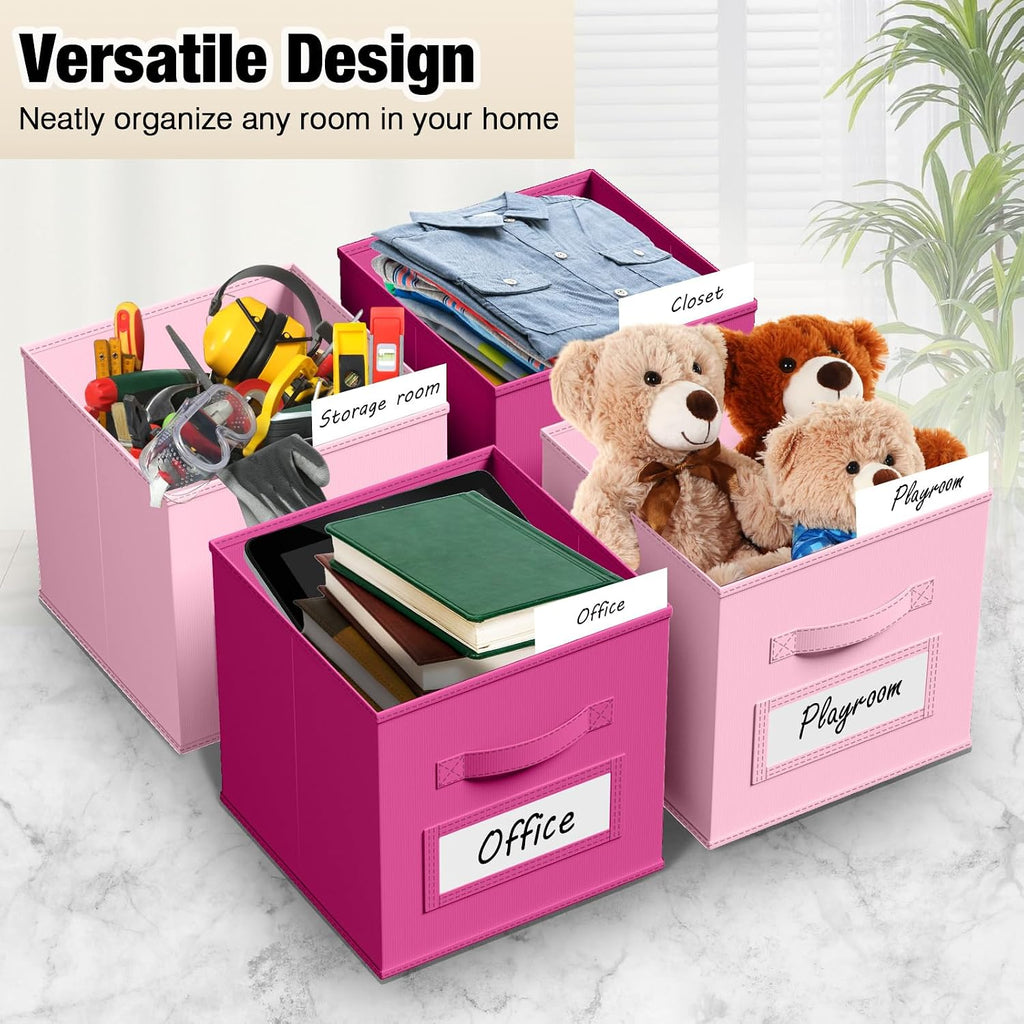 10 Pack Fabric Storage Cubes with Label 11" Collapsible Cube Bins, Pink