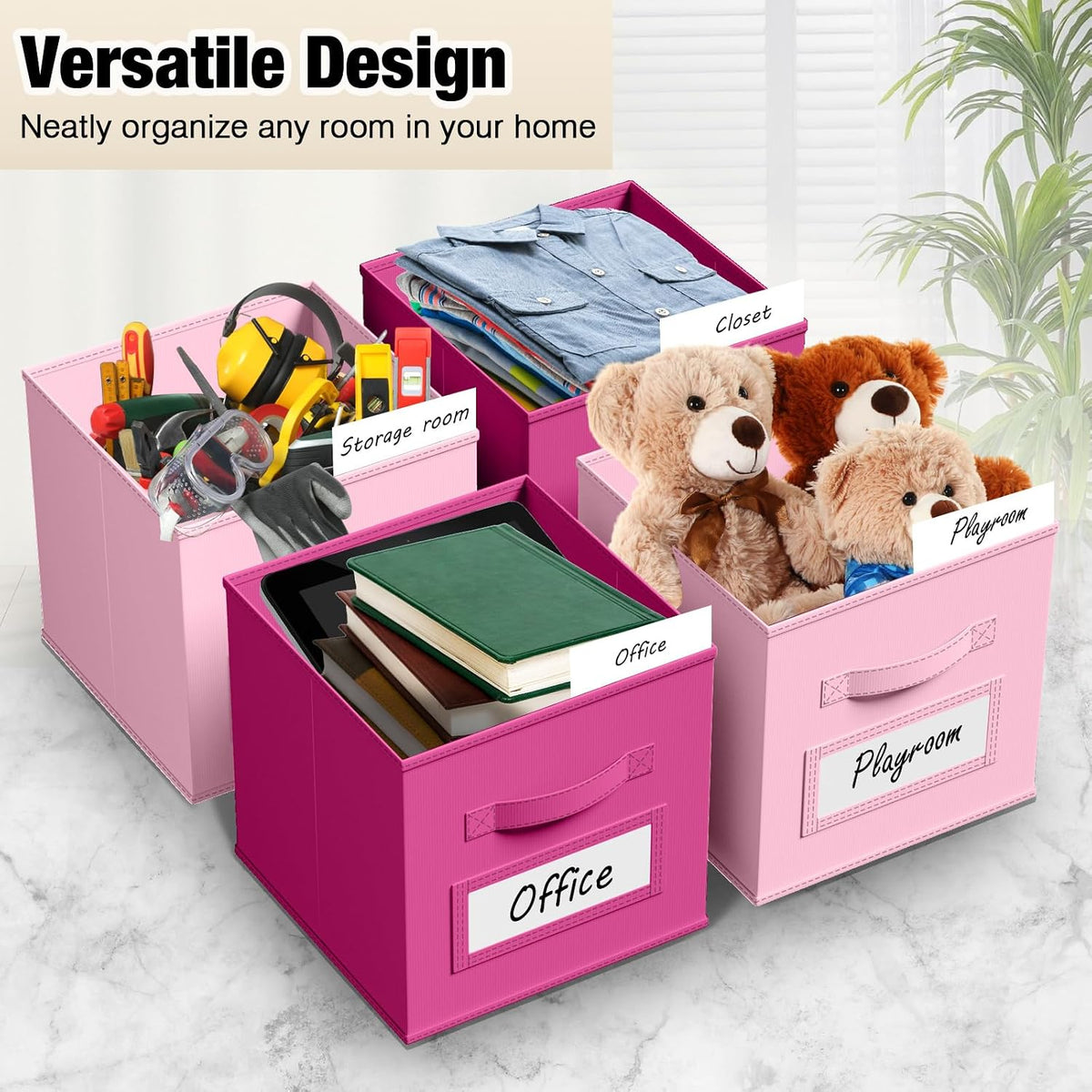 10 Pack Fabric Storage Cubes with Label 11" Collapsible Cube Bins, Pink