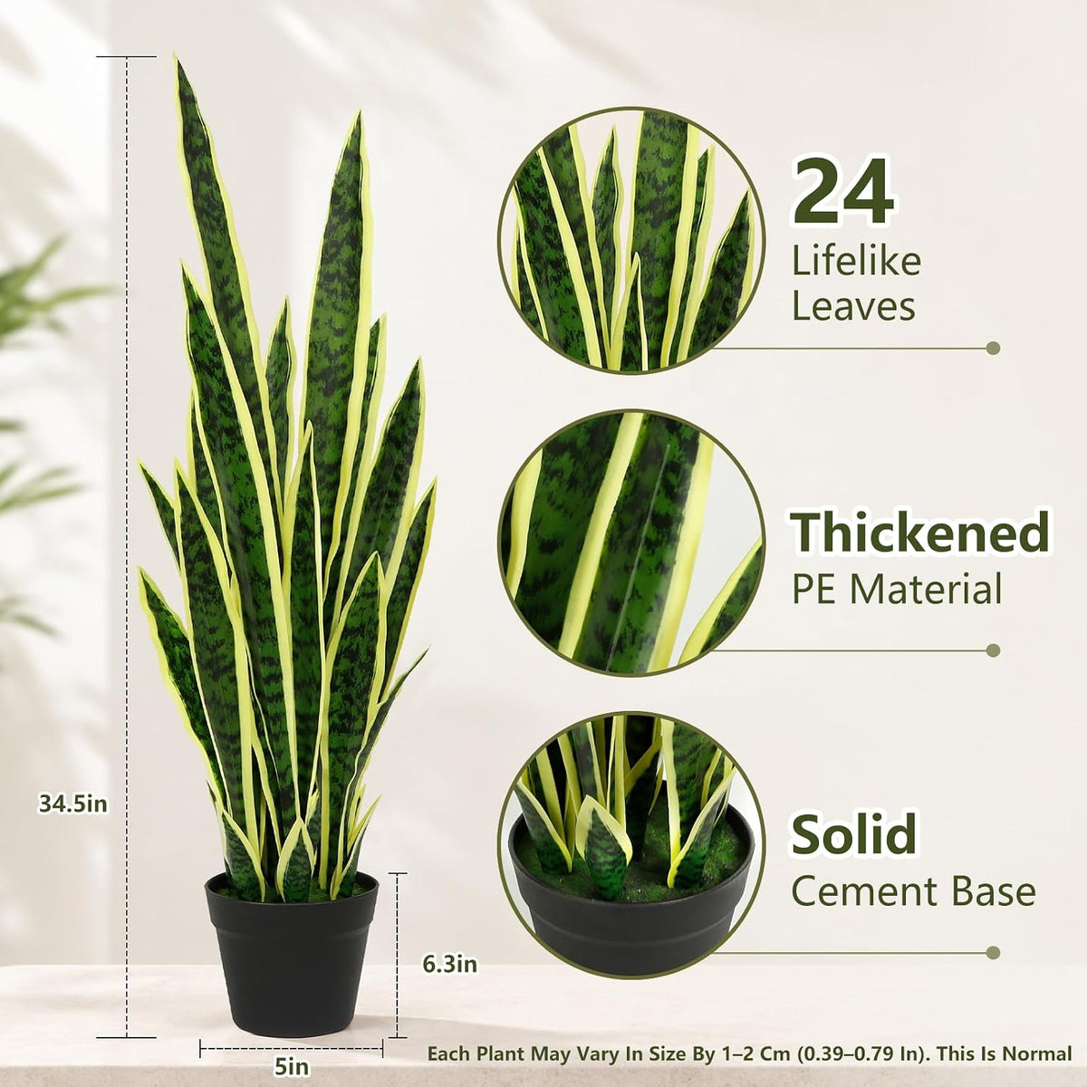 2 Pack Artificial Snake Plant, 24 Leaves Fake Snake Plant UV Resistant, 3FT