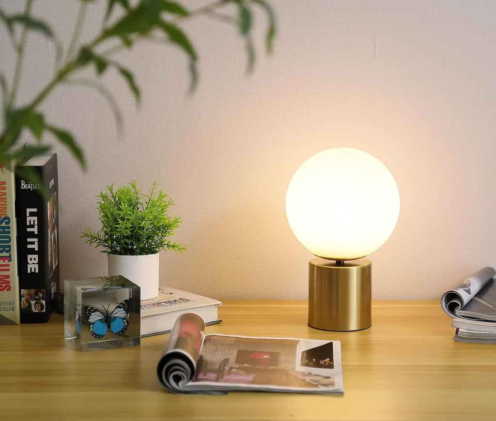 11 Inch Modern Mid Century Gold Globe Table Lamp, Round Bedside Nightstand Lamp with White Glass Shade Metal Base Desk Lamp for Bedroom Living Room End Table