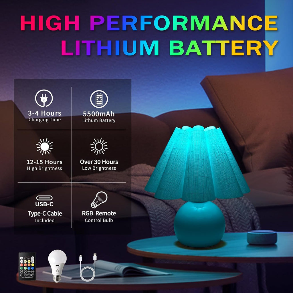 Rechargeable Crodless Small Table Lamp, Battery Operated Remote Control LIght Blue Mini Cute Table Lamps for Bedroom Nightstand, Cute Small Table Lamp for Small Spaces for Kitchen Counter, Bookshelf