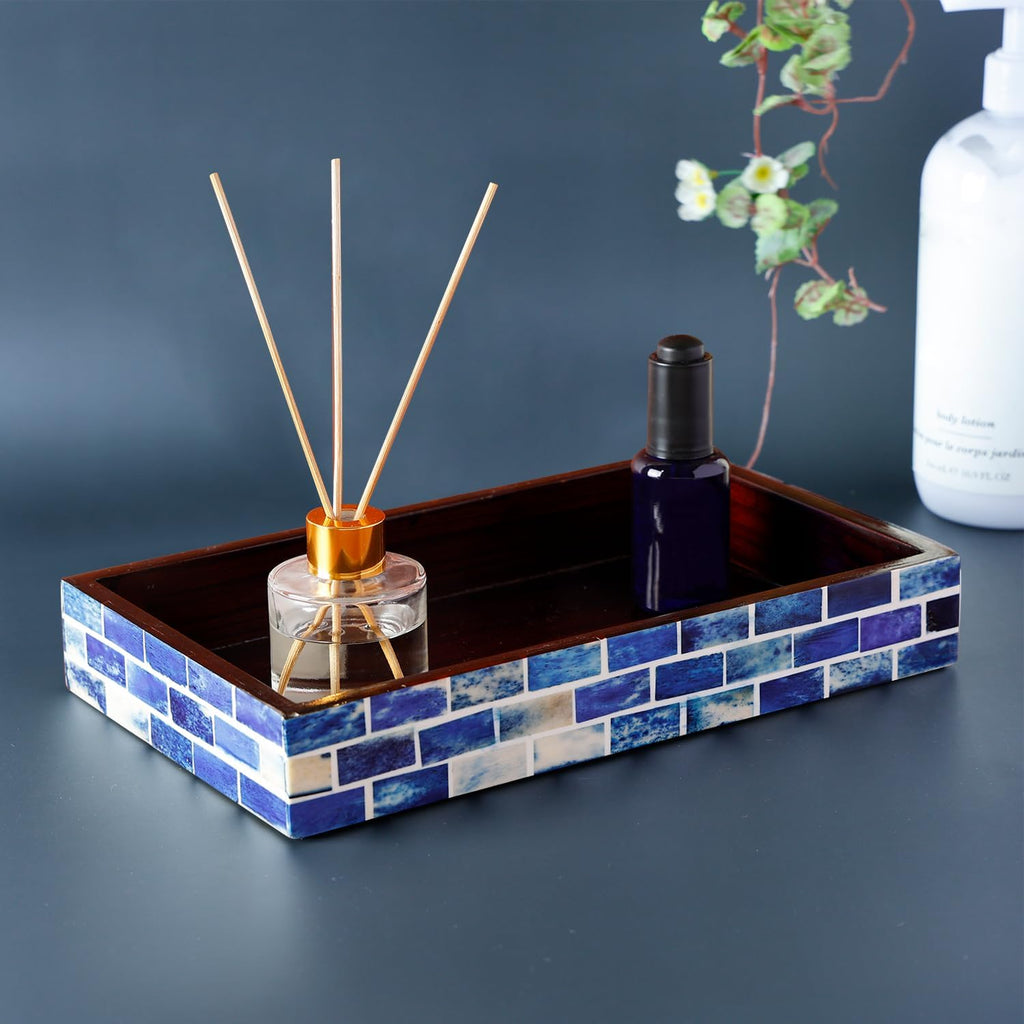 Handicrafts Home Bone Inlay Indigo Decorative Organizer Vanity Tray, 10x6