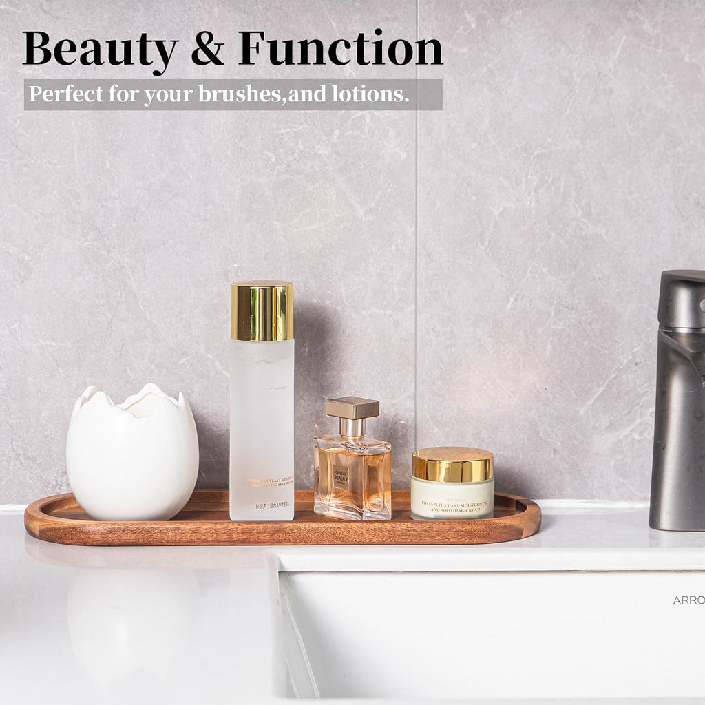 Wooden Bathroom Trays Countertop - Wooden Trays for Decor, Countertop and Vanity Tray, Dish Soap Trays for Kitchen Counter, Sink Organizer Accessories Caddy, Toilet Laundry Shower Makeup Holder