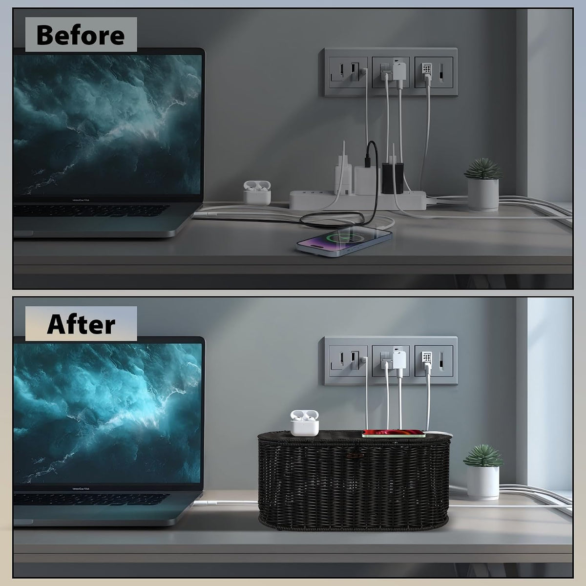 Oval Rattan Style Cable Management Box, Cable Organizer Button Loop Closure