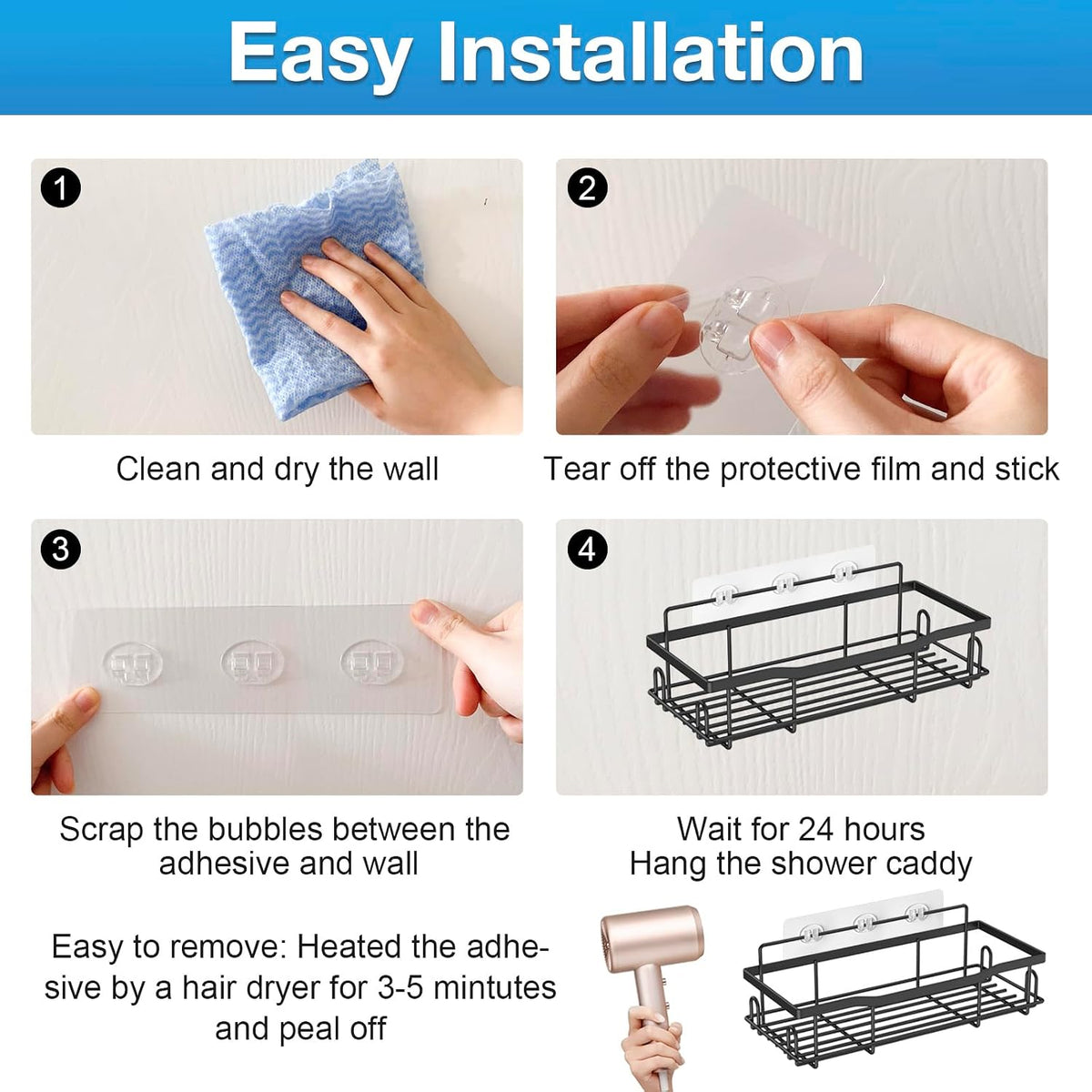 Upgraded Shower Caddy Adhesive Replacement,Strong Adhesive Hooks for Shower Caddy, Waterproof Shower Shelf Adhesive, Shower Adhesive Strips for Shower Organizer and Kitchen Racks (14 Pcs (Mix Hooks))
