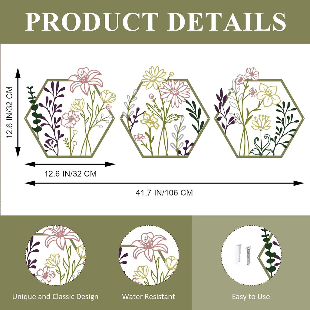 ESTART 3 Pcs Metal Flower Wall Decor, Minimalist Floral Wall Hanging Art