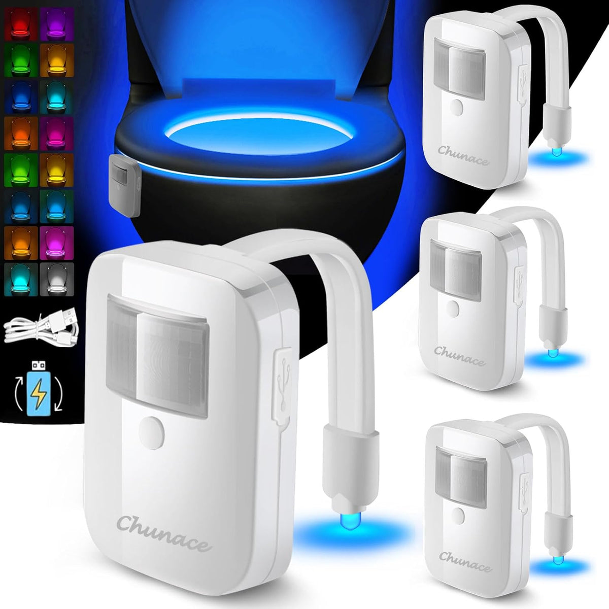 Chunace 4 Pack Toilet Night Light Motion Activated, USB-C Rechargeable