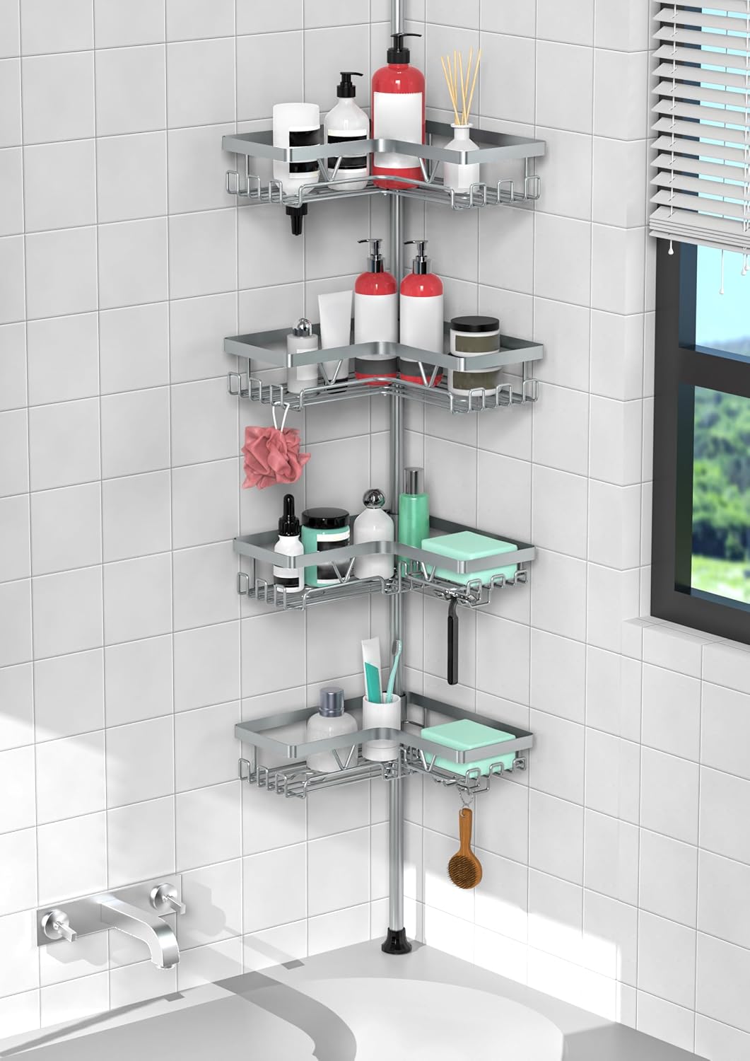 KEGII Shower Caddy Tension Pole, Bathtub Organizer, Light Gray