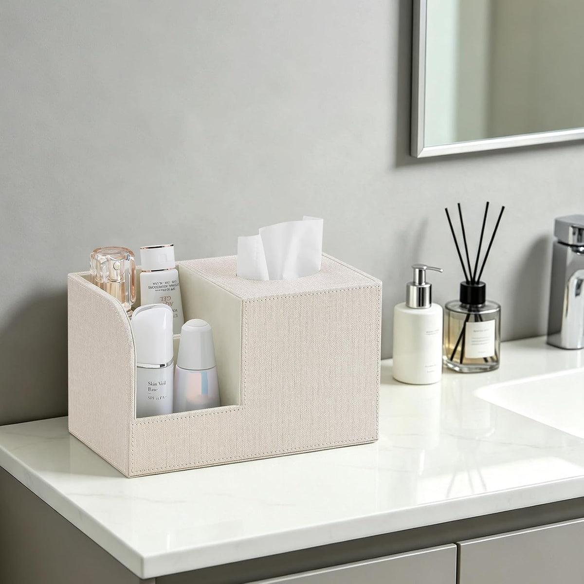 Square Tissue Box Cover with Remote Control Holder, Linen Beige