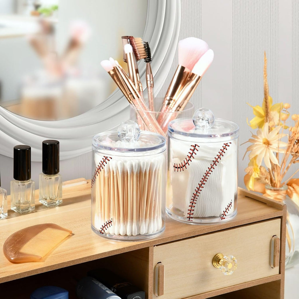 Gredecor 4 Pack Apothecary Jars Baseball Softball Red Lace Qtip Holder Organizer Clear Airtight Canister for Cotton Swabs Storage Acrylic Plastic Jar with Lids