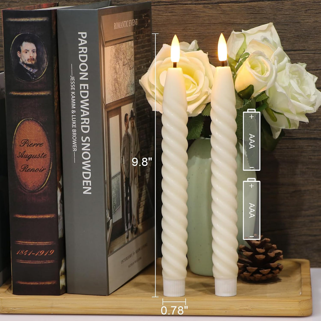 Ivory Flameless Taper Candles Flickering with Remote Timer