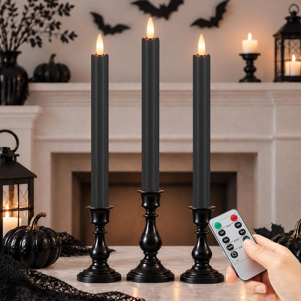 JOIONE Halloween Black Flameless Taper Candles with Remote Set of 3