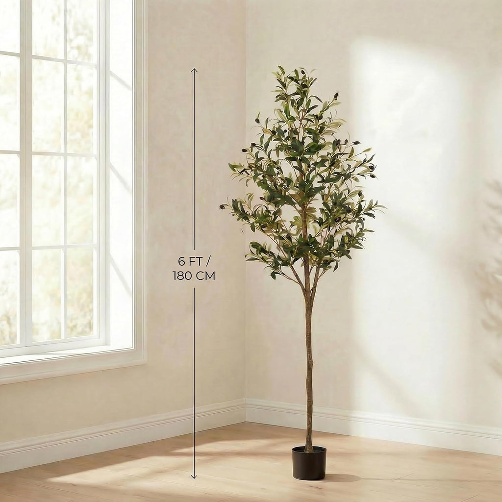 Artificial Olive Tree, 6FT Faux Olive Trees with Lifelike Olive Branches and Fruits, Fake Floor Plants with Pot for Indoor Home Office Living Room Outdoor Decor