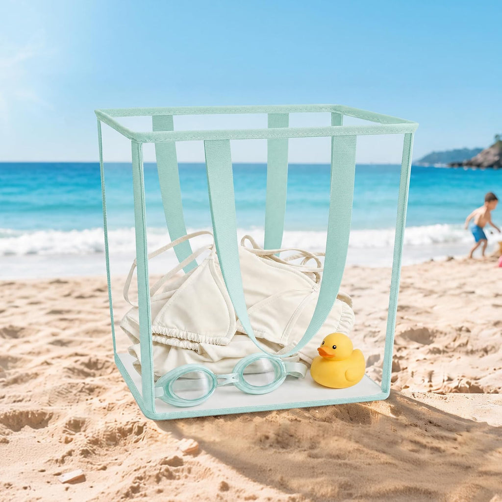 STORAGE MANIAC Collapsible Laundry Basket, 16.9 Gal. Large Pop-up Laundry Hamper with Long Carry Handles, Space-Saving Foldable Clothes Hamper with Bottom Elastic Band, Transparent-Blue