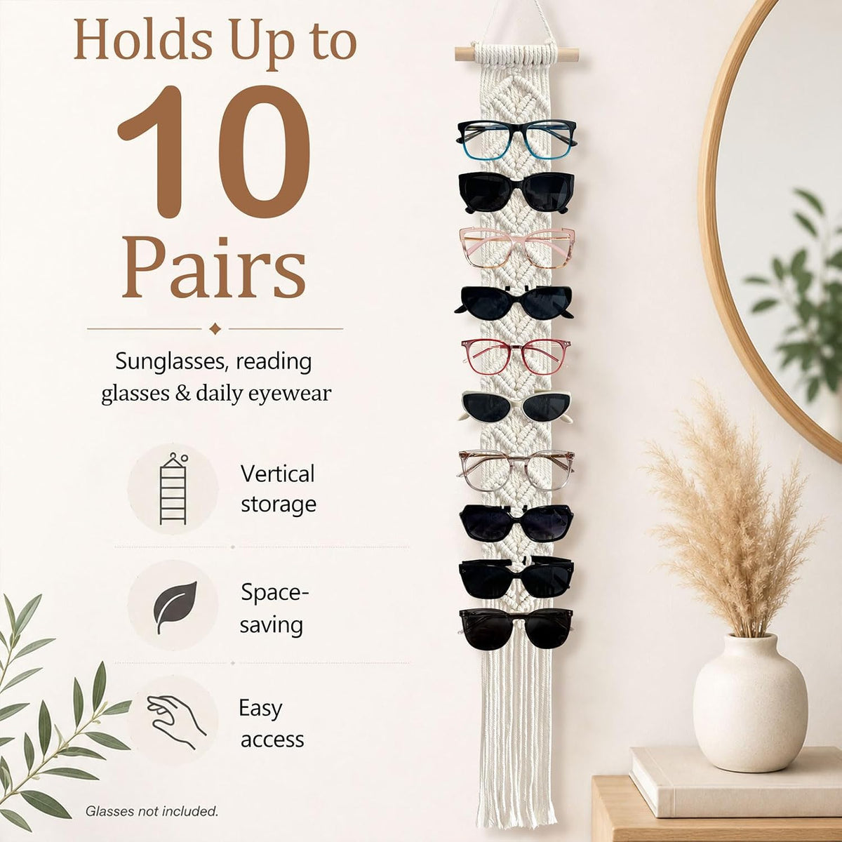 Boho Sunglasses Holder Macrame Wall-Mounted Eyeglasses Organizer Holds 10 Pairs, Handwoven Cotton Rope Glasses Display Rack with Wood Rod, Space-Saving Sunglass Storage for Bedroom Closet Entryway