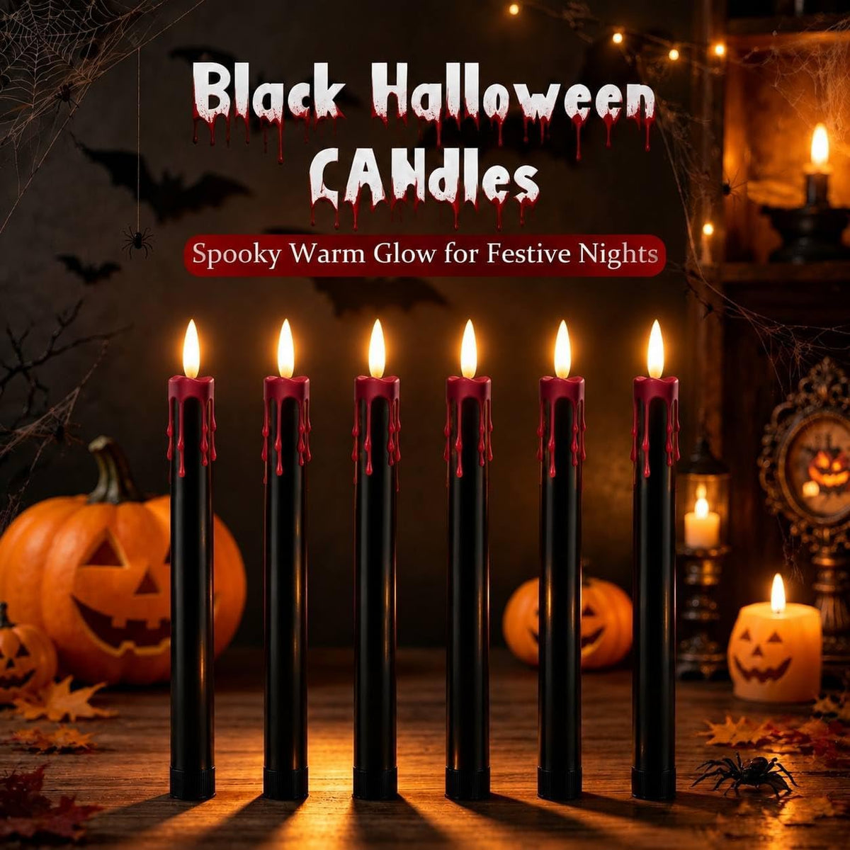 Dusk&Decorum 6 Pack Halloween Tapered Candles with Remote, Black Halloween Flameless Candles with Red Dripping Wax, Battery Operated LED Halloween Candles for Table, Mantel & Indoor Decor