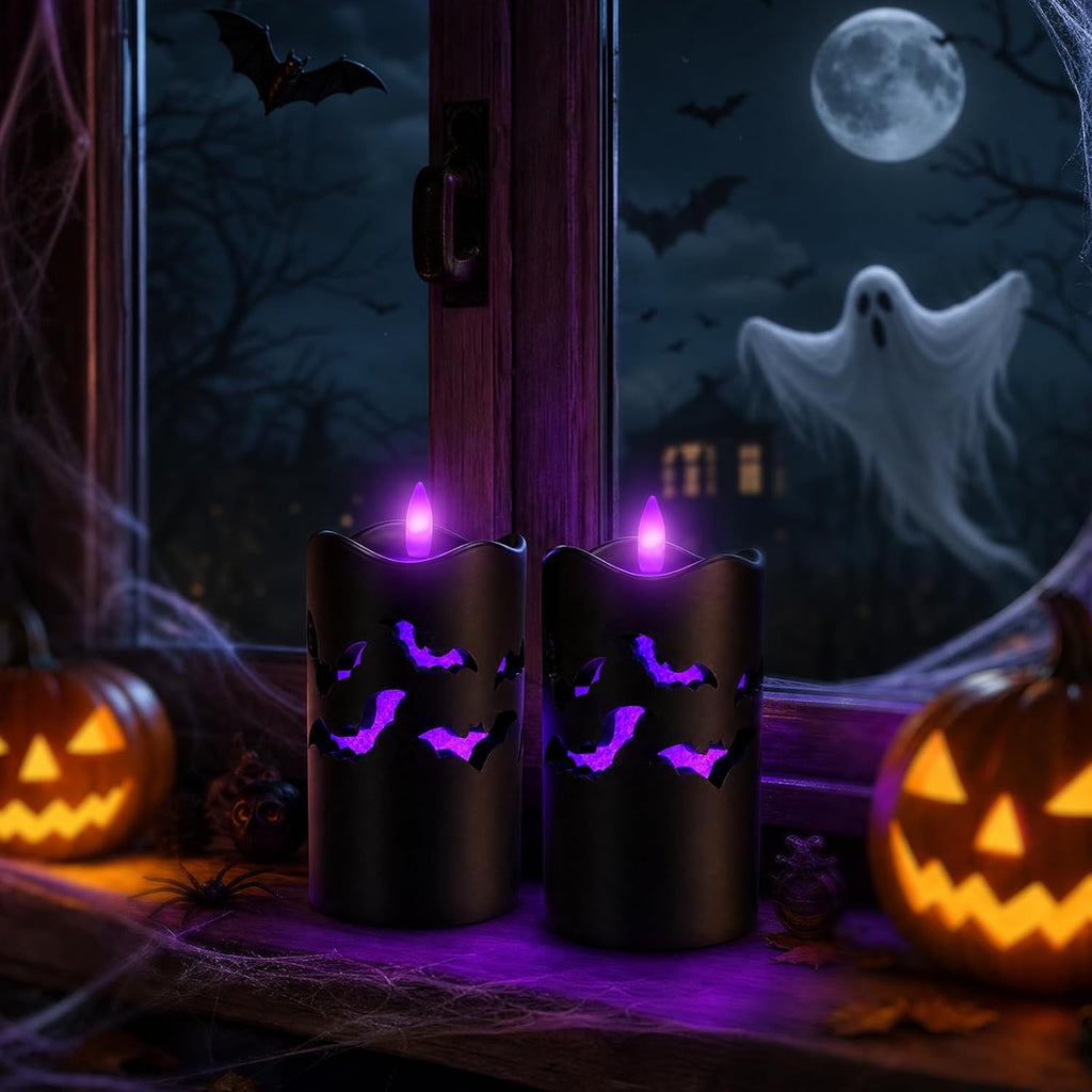 Halloween Flameless Pillar Candles with Bat Cutouts, Remote Control, 2 Pack