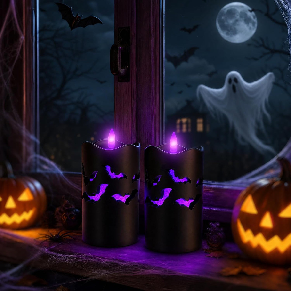 Halloween Flameless Pillar Candles with Bat Cutouts, Remote Control, 2 Pack
