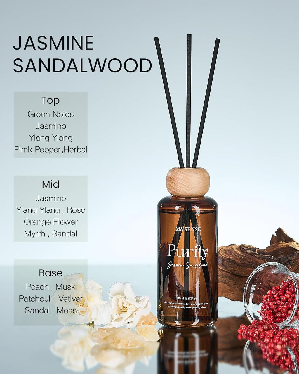 M&SENSE Reed Diffuser, Jasmine Sandalwood, 6.3 oz Natural Essential Oil