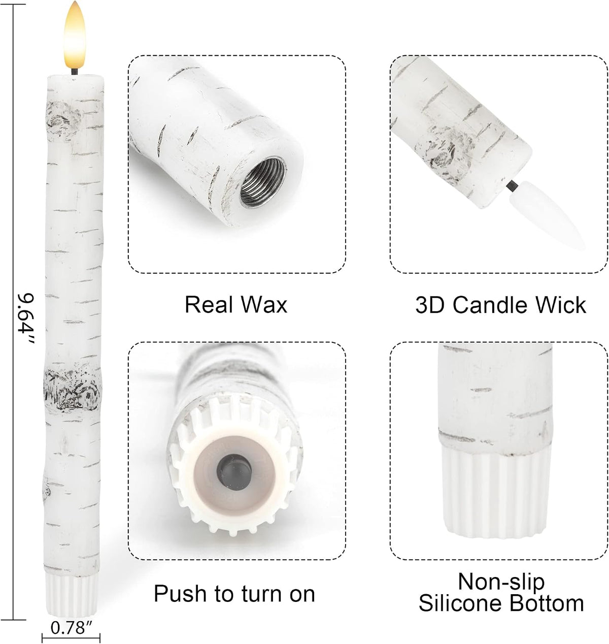 Birch Bark Flameless Taper Candles with 3D Wick, 9.6" Real Wax LED Candles
