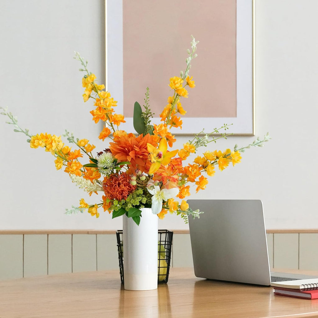 ZYTUYO Delphinium Artificial Flower 4PCS 33.5'' Faux Larkspur Long Stem Fake Floral Silk Bouquets Plant for Tall Floor Vase Home Kitchen Wedding Outdoor Indoor Arrangement Decor (Yellow)