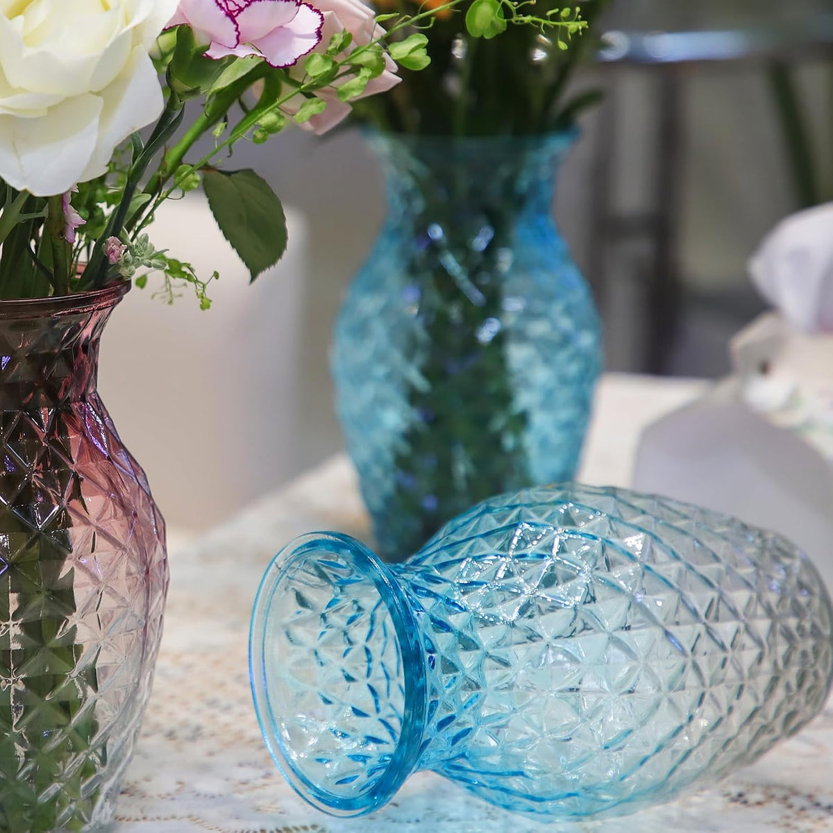 Vase for Flowers Small Glass Vases for Home Decor Table Centerpieces Living Room Bedroom Bookshelf Kitchen Modern Office Wedding Decoration Vintage Flower Vases Blue White
