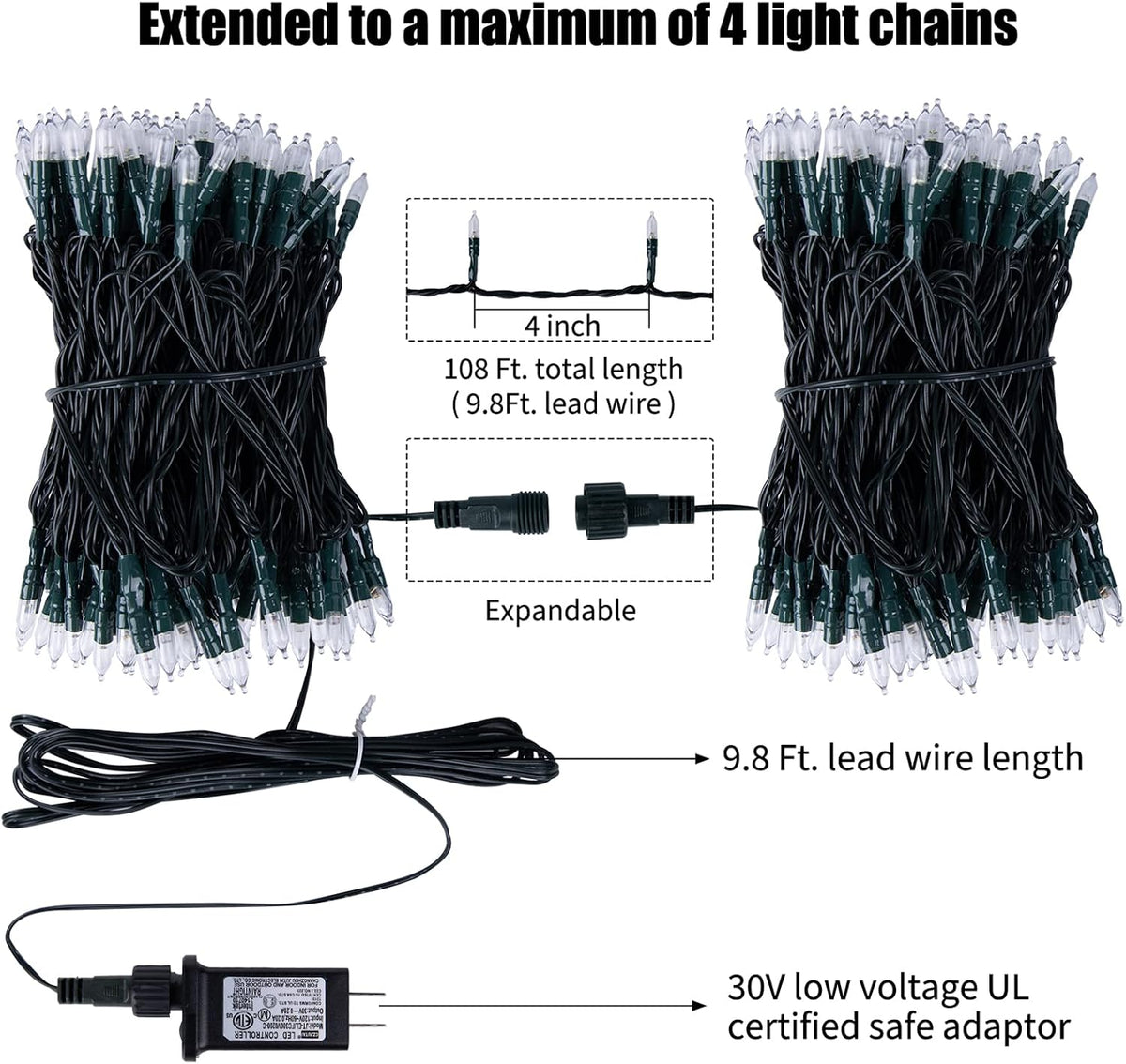 2 Pack Christmas Mini Lights, 75 Feet 200 LED Warm White String Lights