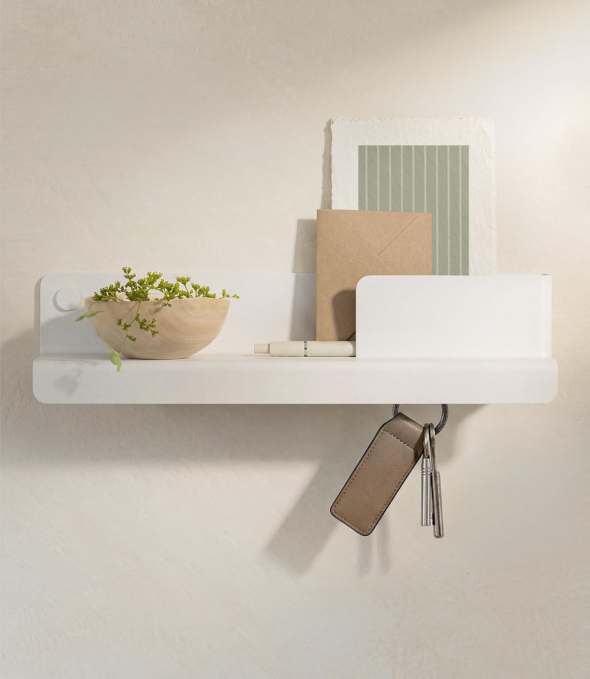 Kazai. Key Holder for Wall 'Holmsen' | Minimalist Key Hooks Design from Berlin | Modern Key Hanger with Metal Shelf | Key Hook Wall Mounted as Hallway Furniture | White
