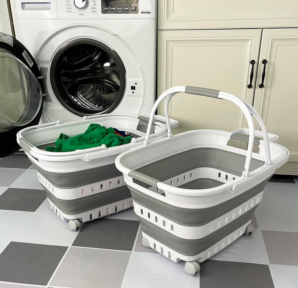 SAMMART 35L (9.24 Gallons) Collapsible Plastic Laundry Basket with Handle and Wheels - Foldable Pop Up Storage Container/Organizer with handle and wheels - Space Saving (2, White/Grey)