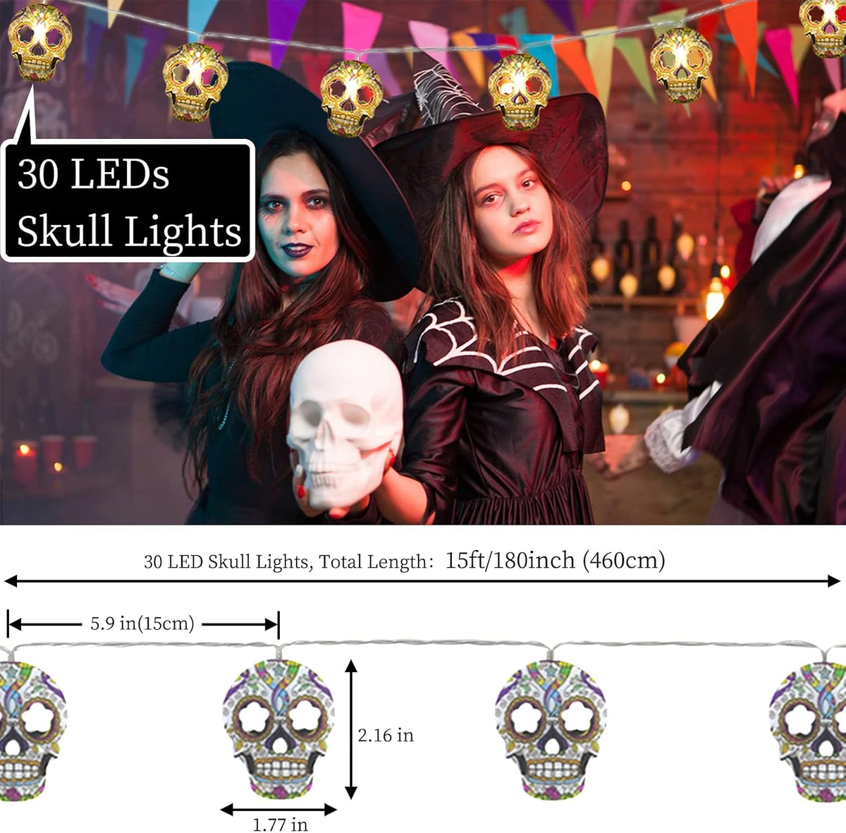 Halloween String Lights, 15 FT 30 LED Halloween Skull Fairy Lights Decor