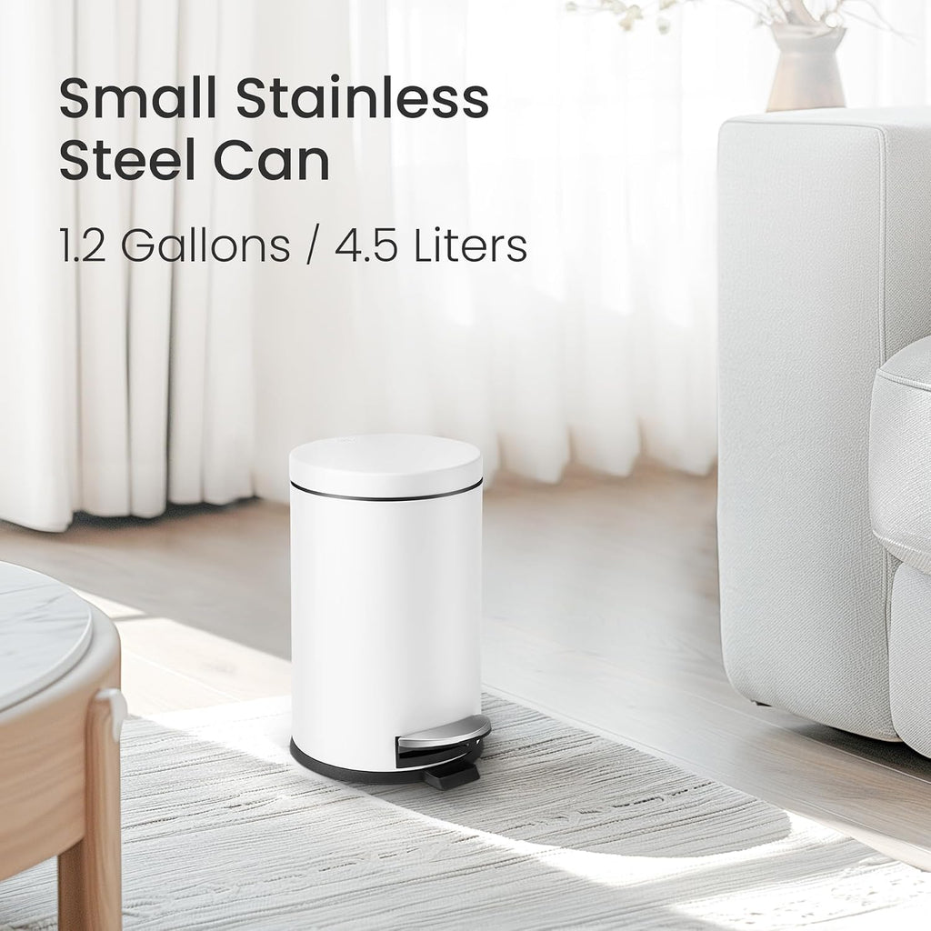 Cesun Small Round Bathroom Trash Can with Lid Soft Close, 1.2 Gal, White