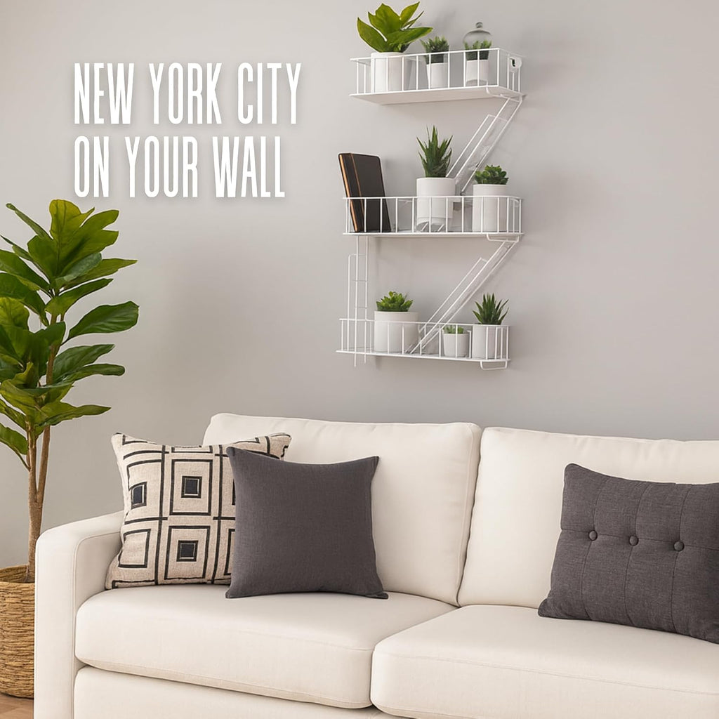 Fire Escape Wall Shelf, White Metal Decorative Floating Ladder, 3-Tier