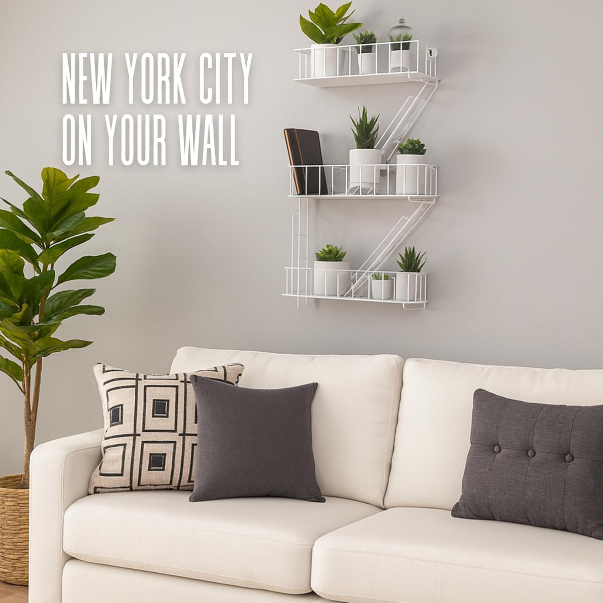 Fire Escape Wall Shelf, White Metal Decorative Floating Ladder, 3-Tier
