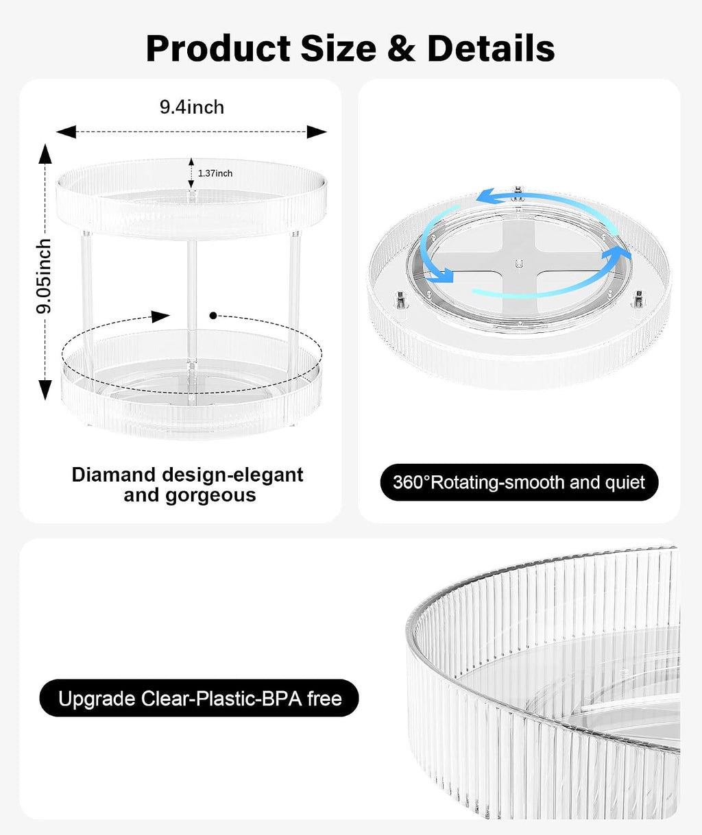 360° Clear Rotating Storage Tray, 2 Tier Lazy Susan Bathroom Countertop Organizer, Cosmetics and Perfume Organizer, Spinning Storage Tray Vanity Organizer Shelf for Bathroom Cabinet, Kitchen(Medium)