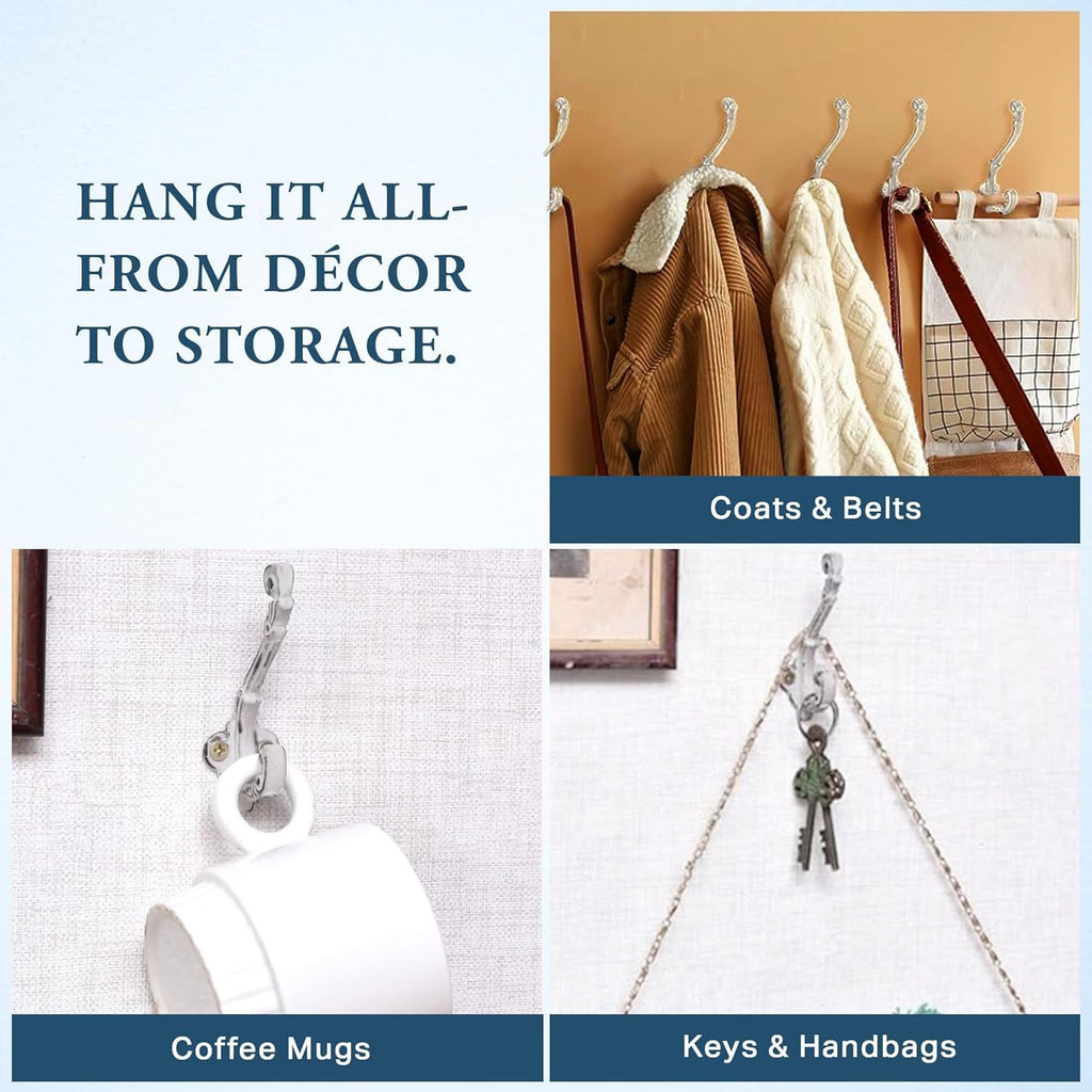 The Metal Magician Wall Mounted Antique Cast Iron Vintage Style Wall Hooks for Coats, Bags, Towels, Hats - (Set of 3) Distressed White