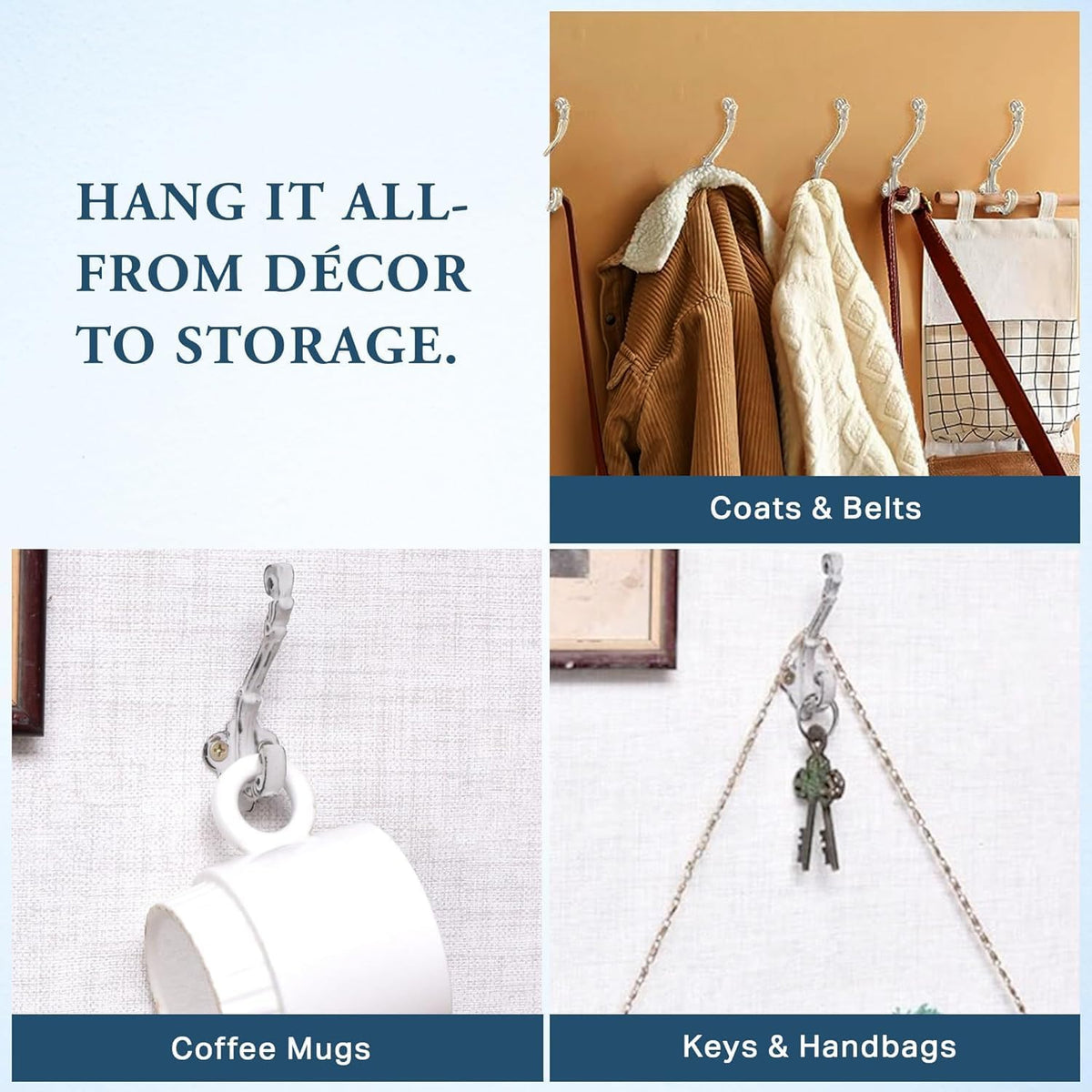 The Metal Magician Wall Mounted Antique Cast Iron Vintage Style Wall Hooks for Coats, Bags, Towels, Hats - (Set of 3) Distressed White