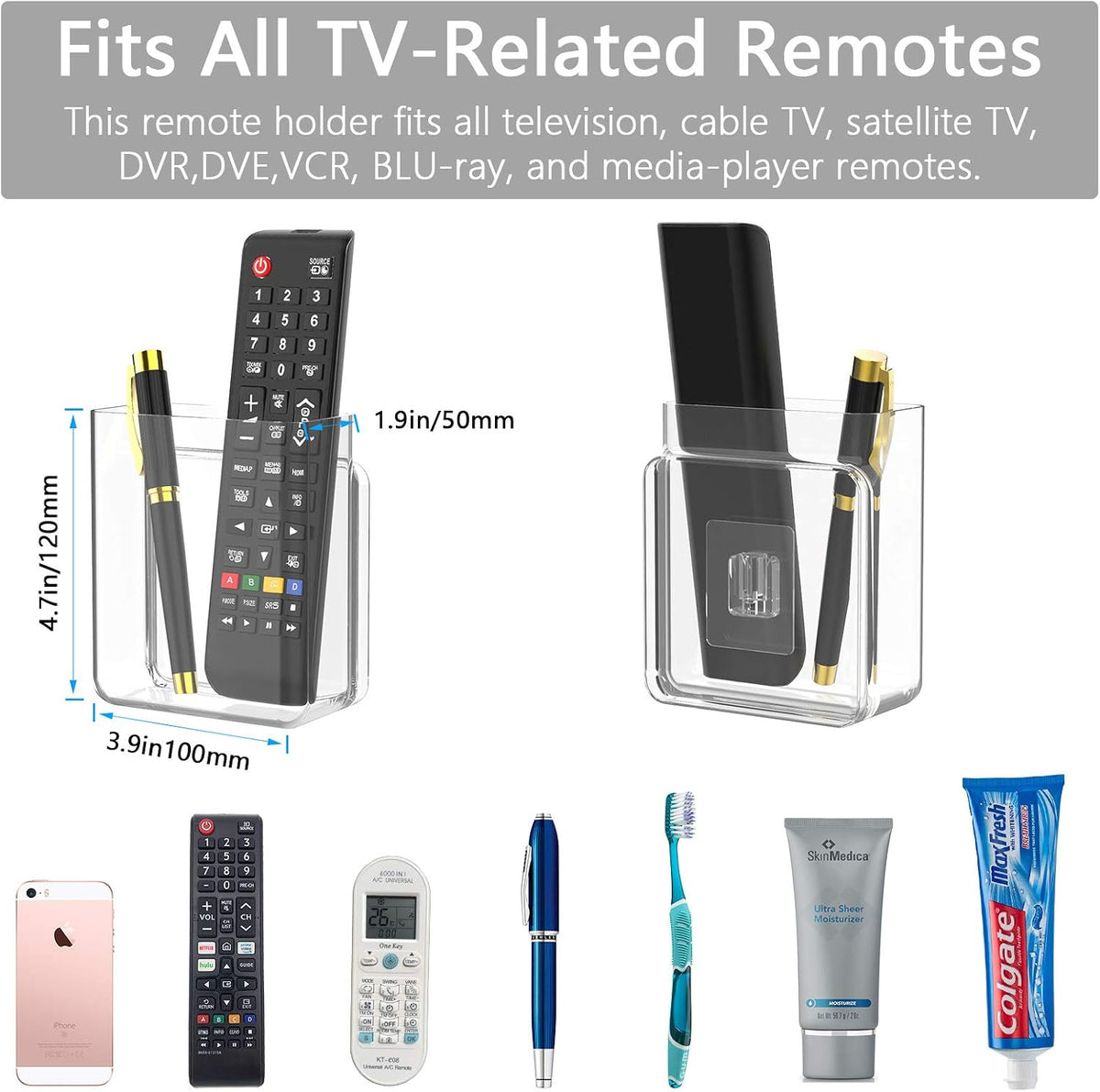 Clear Wall Mount Remote Holder, Adhesive Phone Storage Box, 1 Pack
