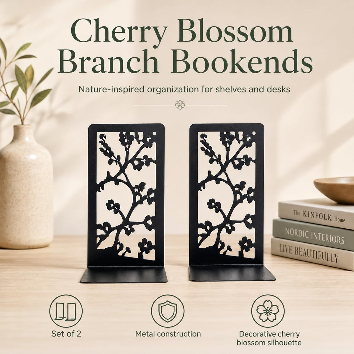 Cherry Blossom Branch Bookends, Set of 2 (1 Pair), Matte Black Metal Book Ends for Shelves, Bookshelf, Desk and Home Library Decor