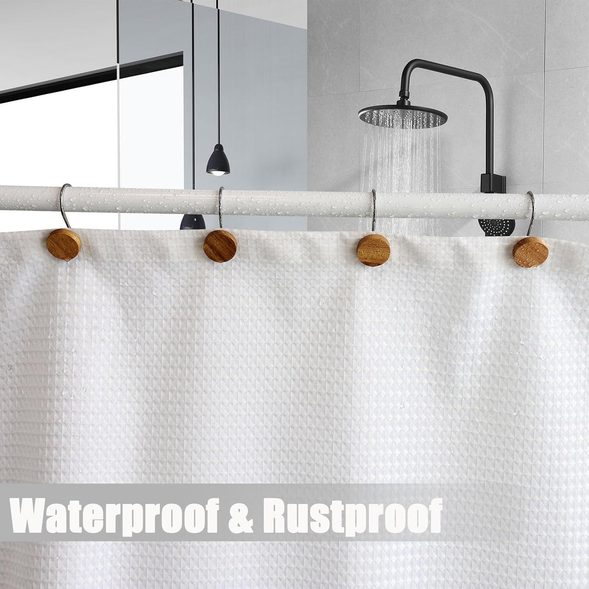 Shower Curtain Hooks, Wood Decorative Shower Curtain Rings, Modern Round Log Shower Curtain Hangers, 12PCS Metal Shower Hooks for Shower Curtain Rod, Bathroom, Bedroom, Living Room (Silvery)