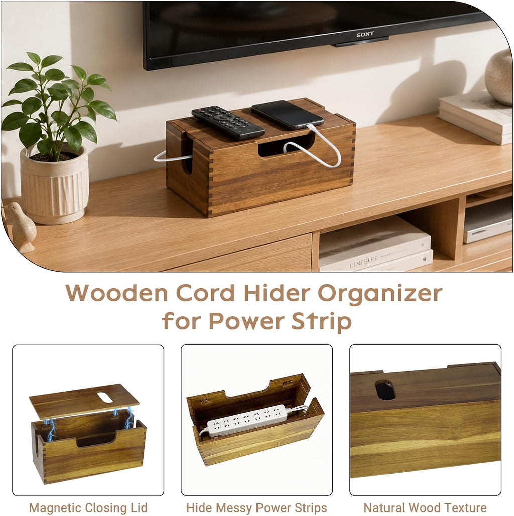 Wood Cable Management Box, Cord Hider Organizer for Power Strip