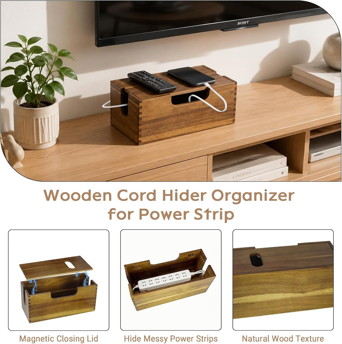 Wood Cable Management Box, Cord Hider Organizer for Power Strip