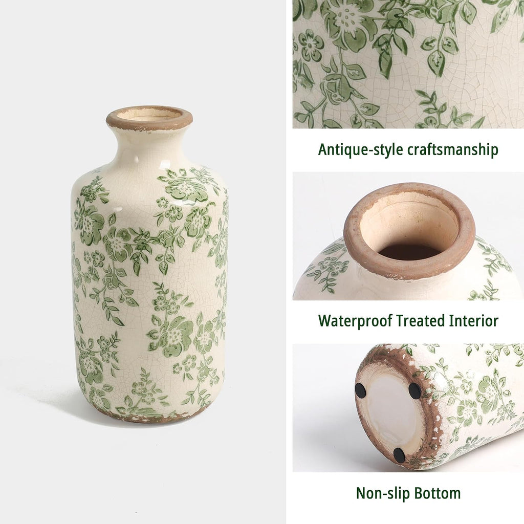 8" Retro Crackle Glaze Ceramic Vase Rustic Green Vases Decorative Vases Farmhouse Home Decor Vase Chinoiserie Vintage Flower Vases (Green, 8 Inches)