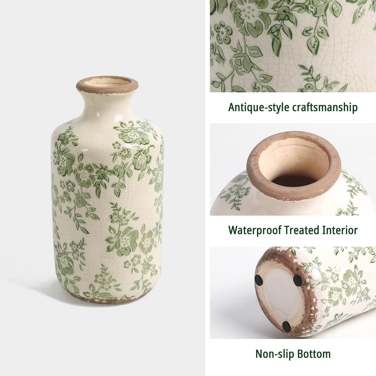 8" Retro Crackle Glaze Ceramic Vase Rustic Green Vases Decorative Vases Farmhouse Home Decor Vase Chinoiserie Vintage Flower Vases (Green, 8 Inches)