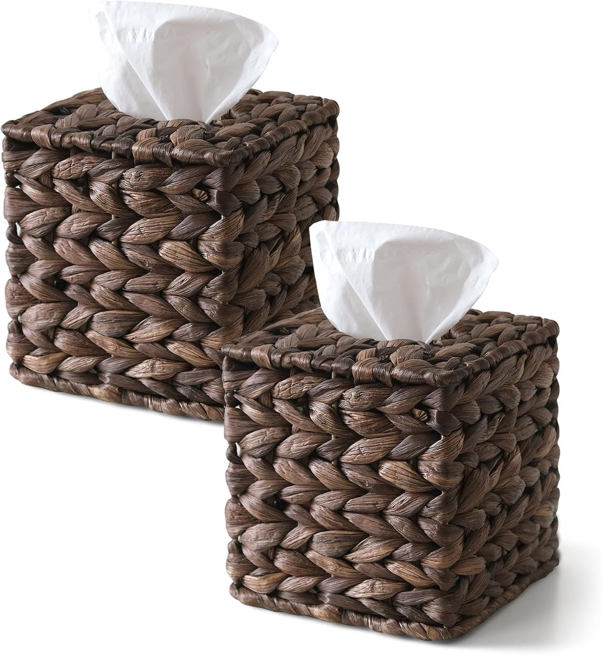 2PC Wicker Tissue Box Cover, Rattan Tissue Box Holder Square, Boho Decorative Woven Water Hyacinth Cube Tissue Holders for Bathroom Living Room Kitchen（Coffee）