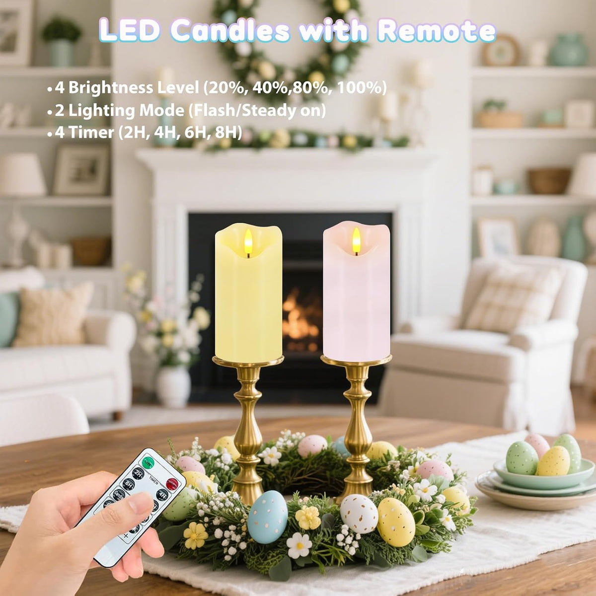 Flameless Candles Light, Set of 2 6"x3" Flickering Pastel Spring LED Candles with Remote & Timer, Dimmable Real Wax Easter Pillar Candles Battery Operated for Home Spring Easter Decor (Pink Yellow)