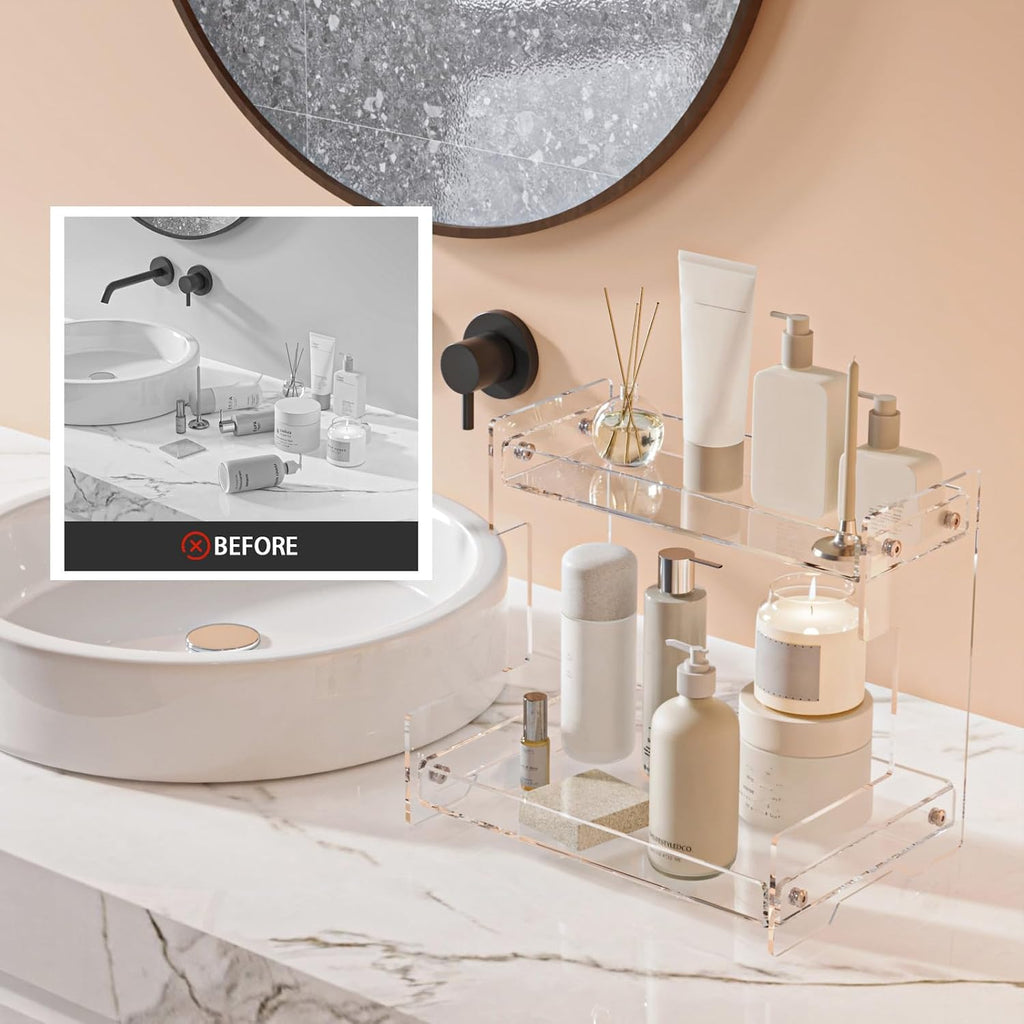 Bathroom Counter Organizer Countertop 2 Tier Storage Acrylic Corner Makeup Organizer for Perfume Stand, Vanity Holder, Dresser Tray, Spice Rack, Skincare, Coffee Bar, Room Decor (Clear)