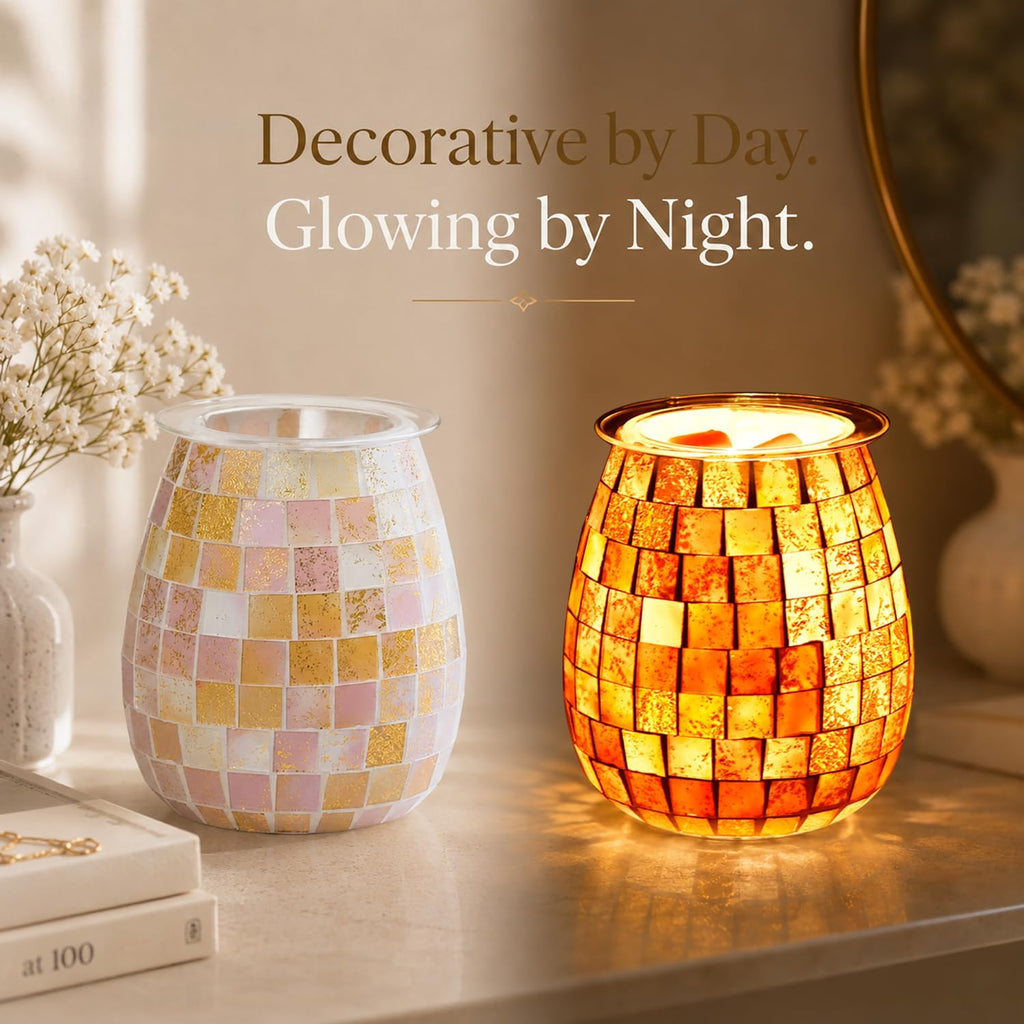 Dicimi Pink Wax Warmer for Scented Wax, Mosaic Glass Wax Melt Warmer with Gold Leaf, Electric Wax Burner with Removable Tray, Flameless Night Light Aromatherapy Gift for Women