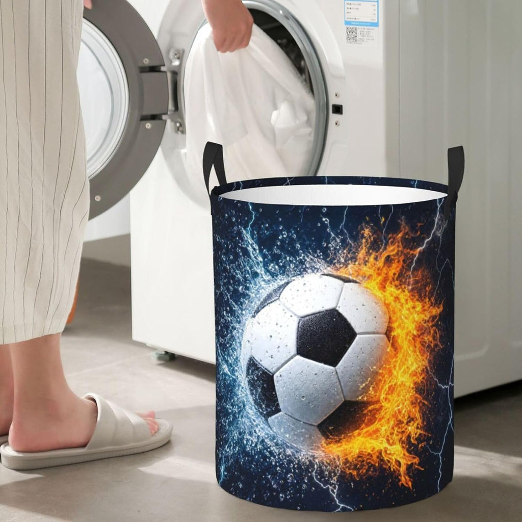 Soccer Ball In Fire And Water Round Laundry Hamper Sport Football Storage Basket Toys Clothes Organizer Bin For Home Bathroom Bedroom Dorm Nursery, 38l
