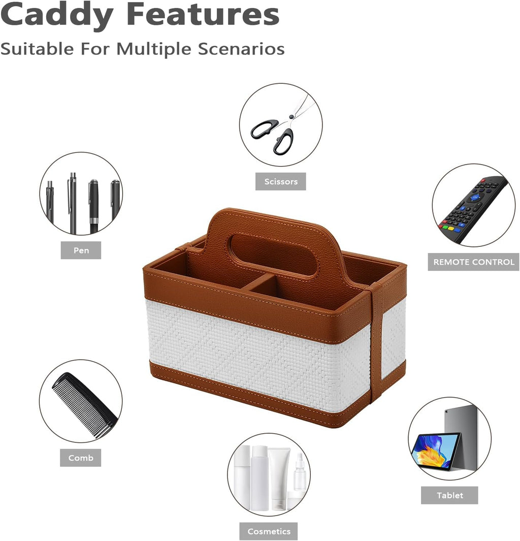 Desk Organizer Caddy with Handle-Portable PU Leather Remote Control Holder-Nightstand Dresser Tote Storage for Sunglasses,Comb,Small iPad,Pen,Heater Controllers,Cosmetics and Office Supplies